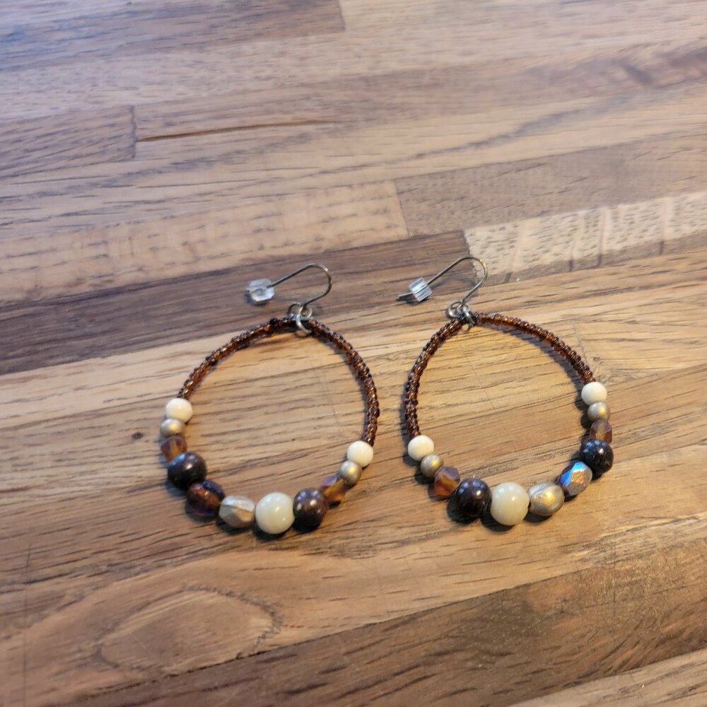 Boho Warm Brown Beaded Hoop Earrings - Picture 8 of 8